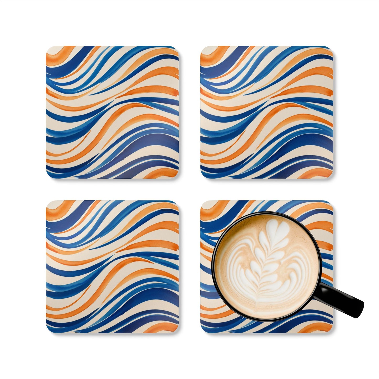 Blue and Orange Watercolour Wavey Patterns - Corkwood Coaster Set