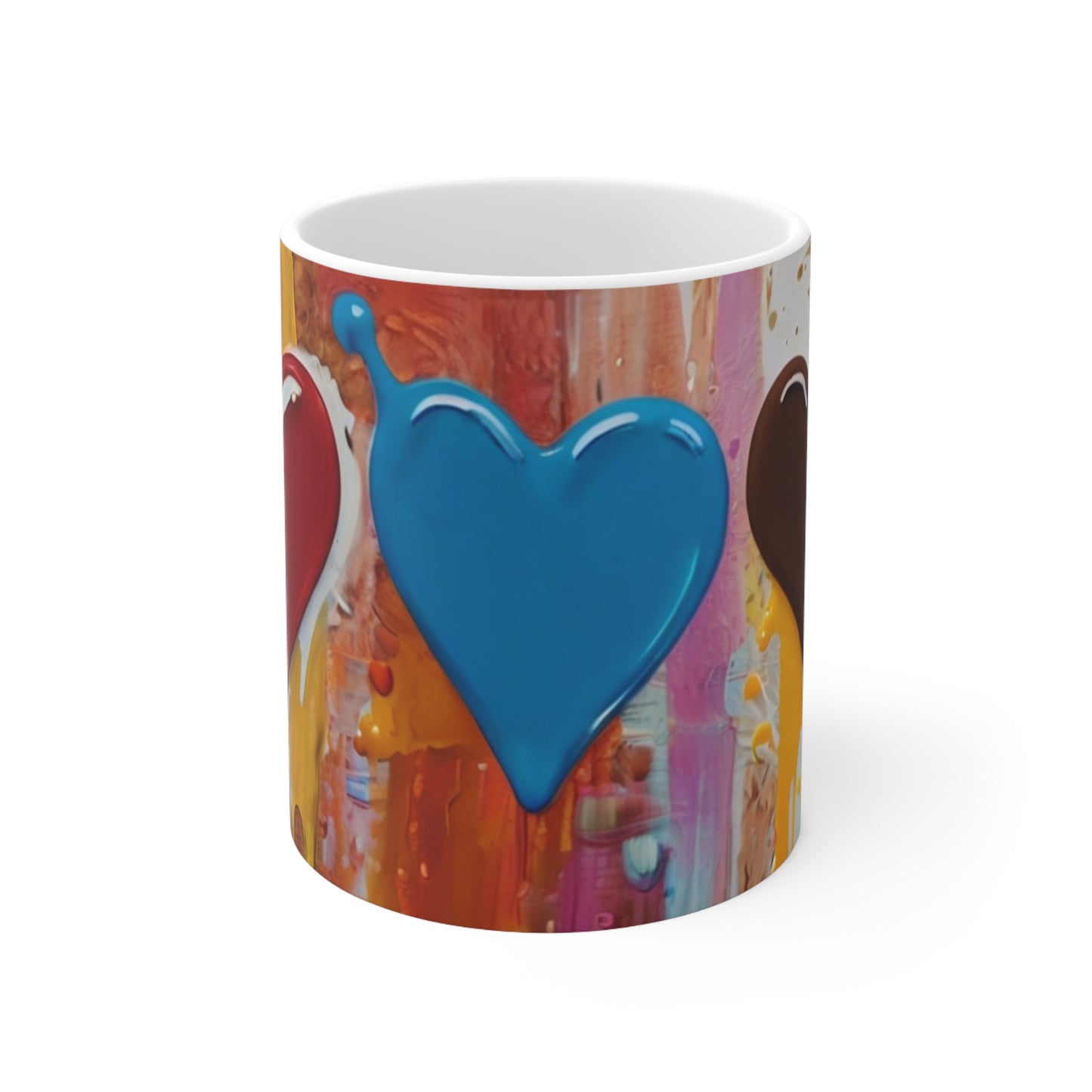 Messy Painting Red, Blue and Brown Love Hearts Mug - Ceramic Coffee Mug 11oz