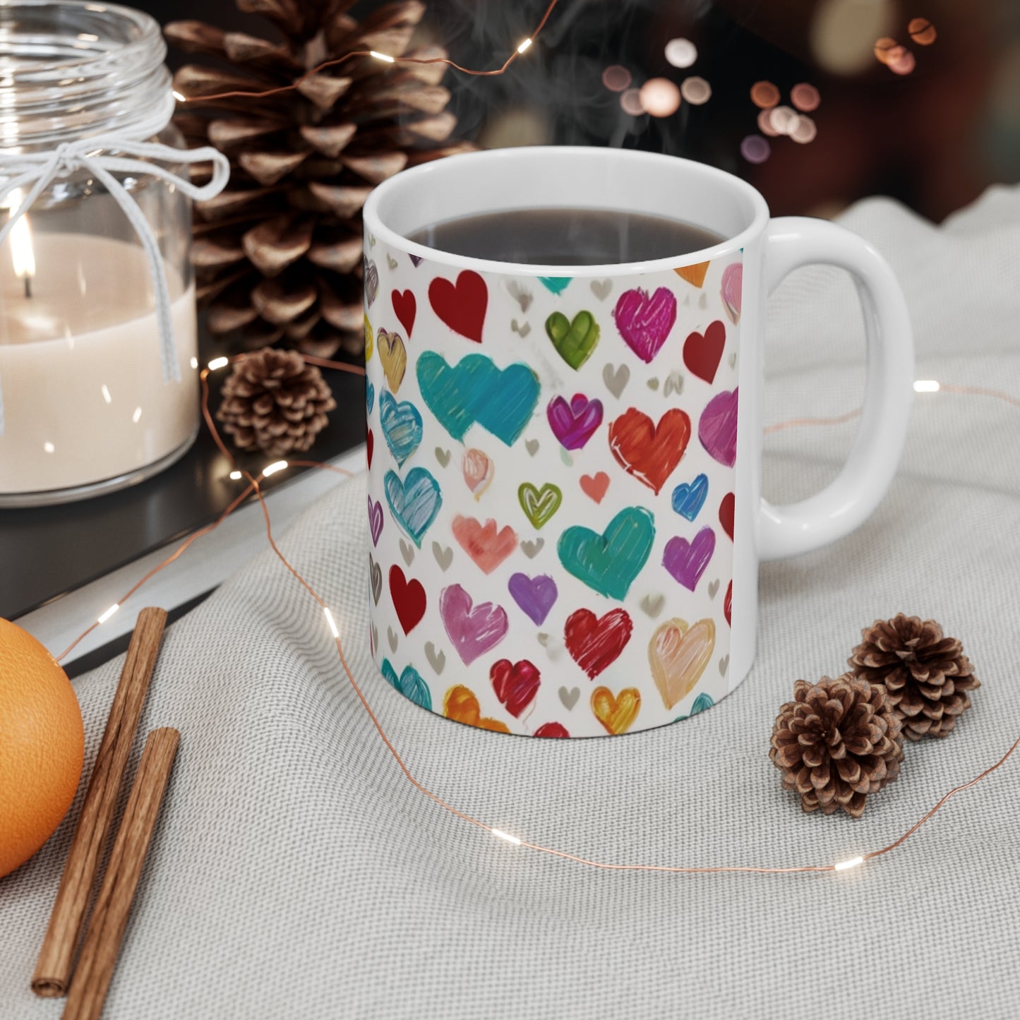 Sketched Colourful Small Love Hearts Mug - Ceramic Coffee Mug 11oz