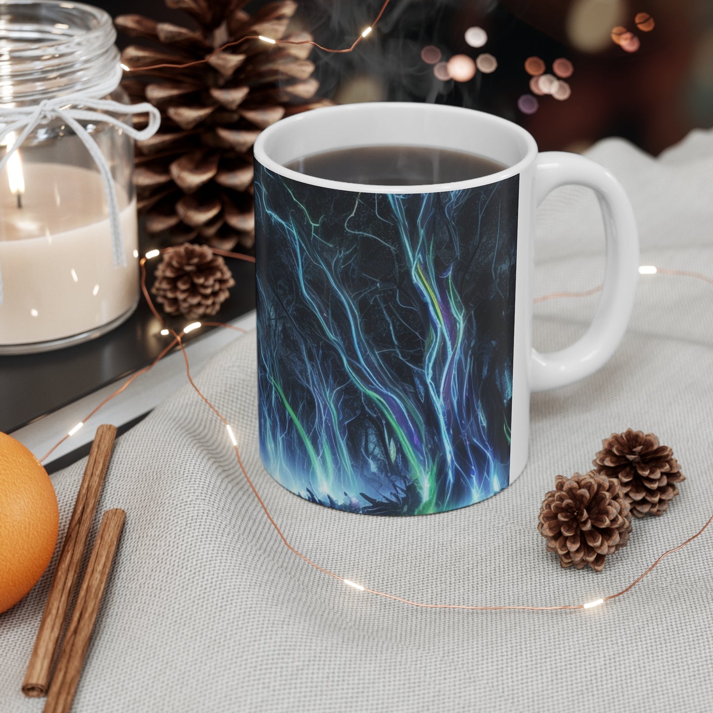 Blue And Green Lightning In Forest At Night Mug - Ceramic Coffee Mug 11oz