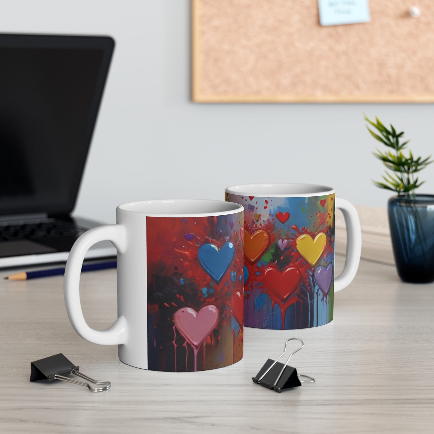 Messy Painted Multicoloured Love Hearts Mug - Ceramic Coffee Mug 11oz