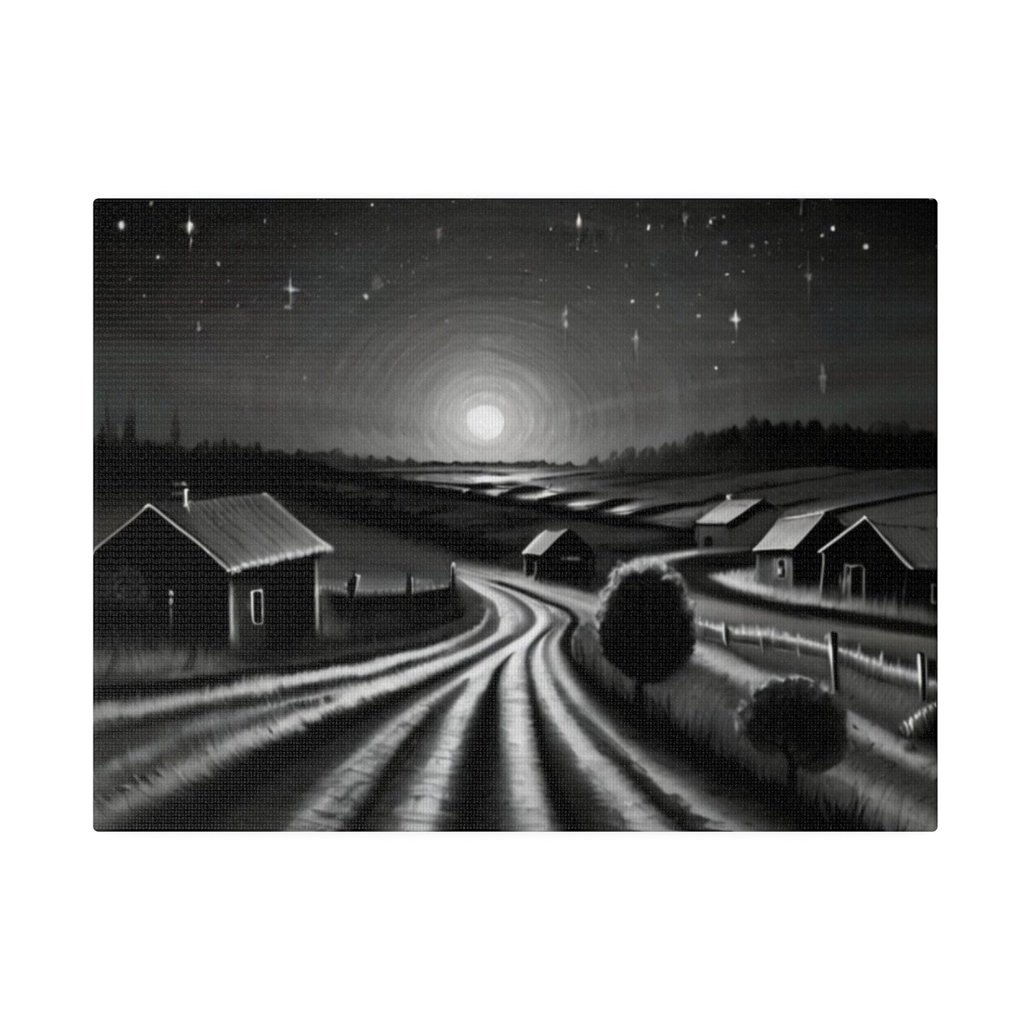 Black and White Empty Village At Night Canvas - Matte Canvas, Stretched, 0.75"