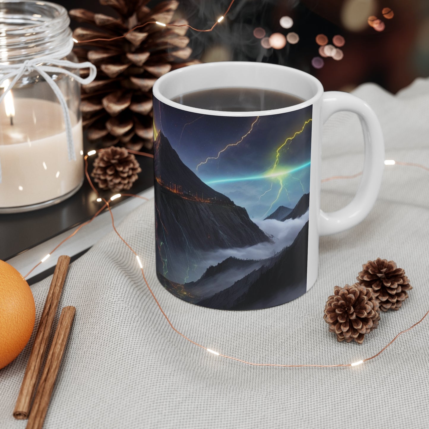 Colourful Lightning Bolts On Mountain Mug - Ceramic Coffee Mug 11oz