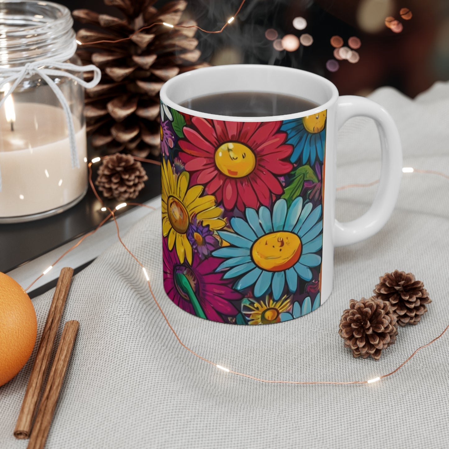 Multicoloured Daisy Flowers Mug - Ceramic Coffee Mug 11oz