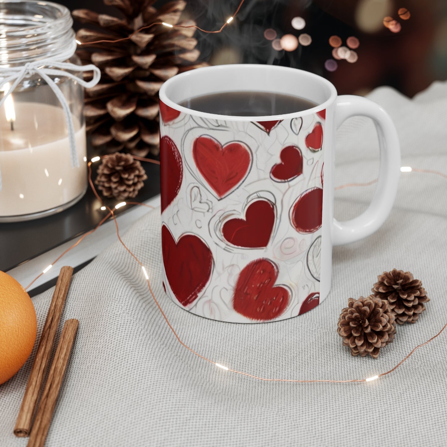 Sketched Red Love Hearts Mug - Ceramic Coffee Mug 11oz