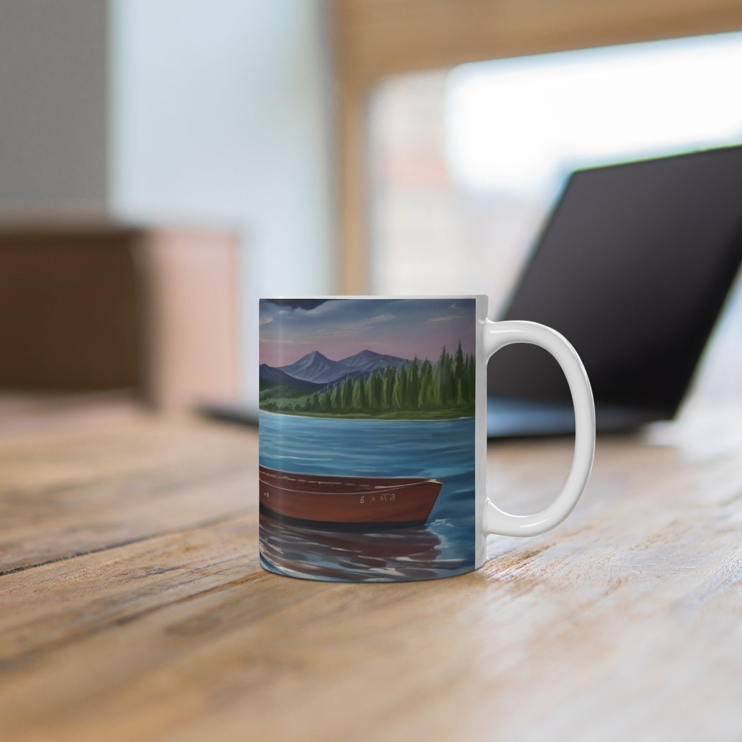 Boat on Lake Mug - Ceramic Coffee Mug 11oz