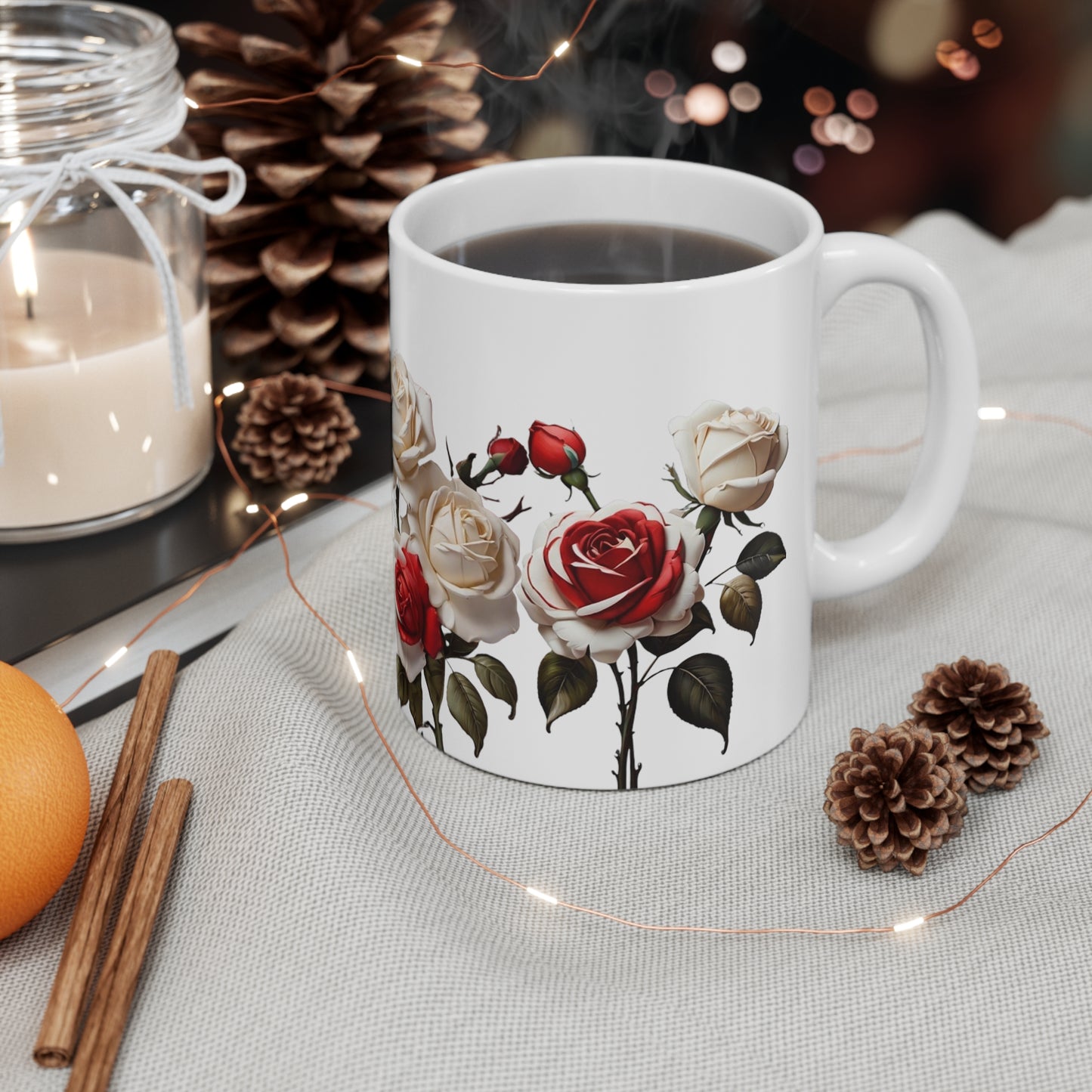 Red and White Roses Mug - Ceramic Coffee Mug 11oz