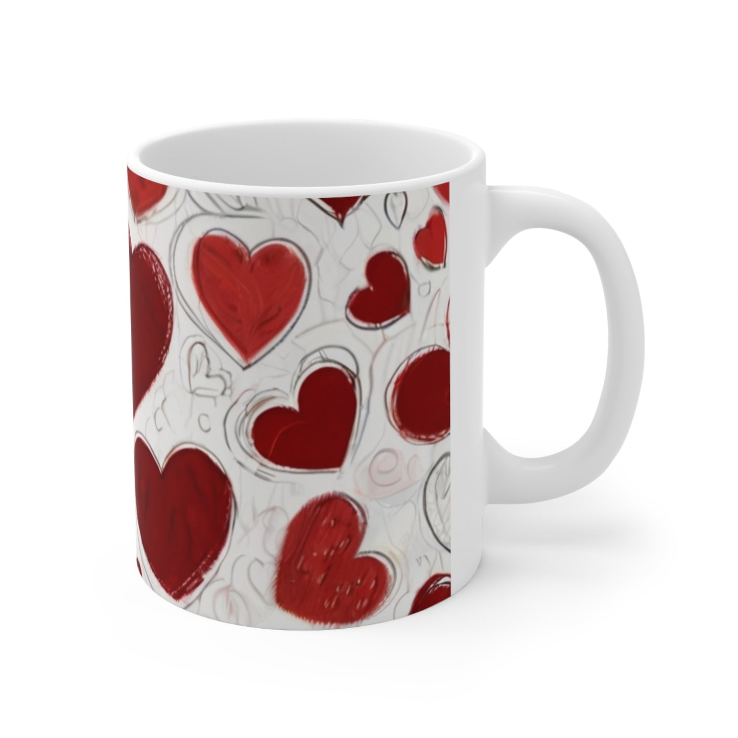 Sketched Red Love Hearts Mug - Ceramic Coffee Mug 11oz