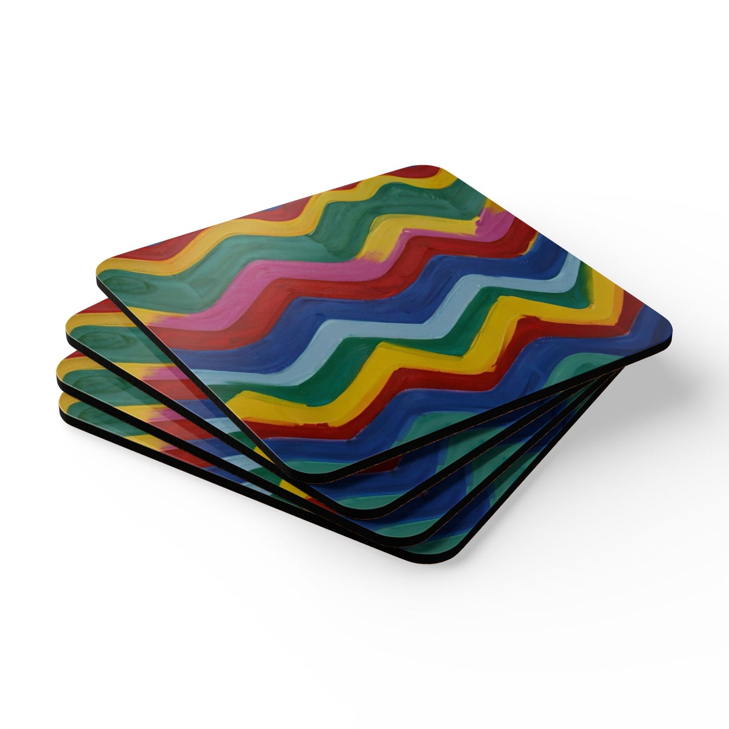 Multicoloured Paint Zigzag - Corkwood Coaster Set