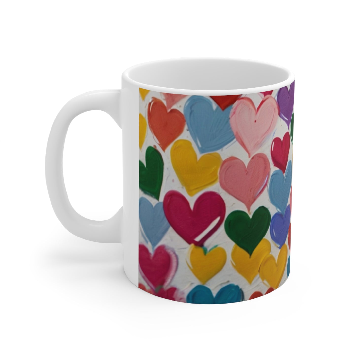 White Background Colourful Love Hearts Mug - Ceramic Coffee Mug 11oz