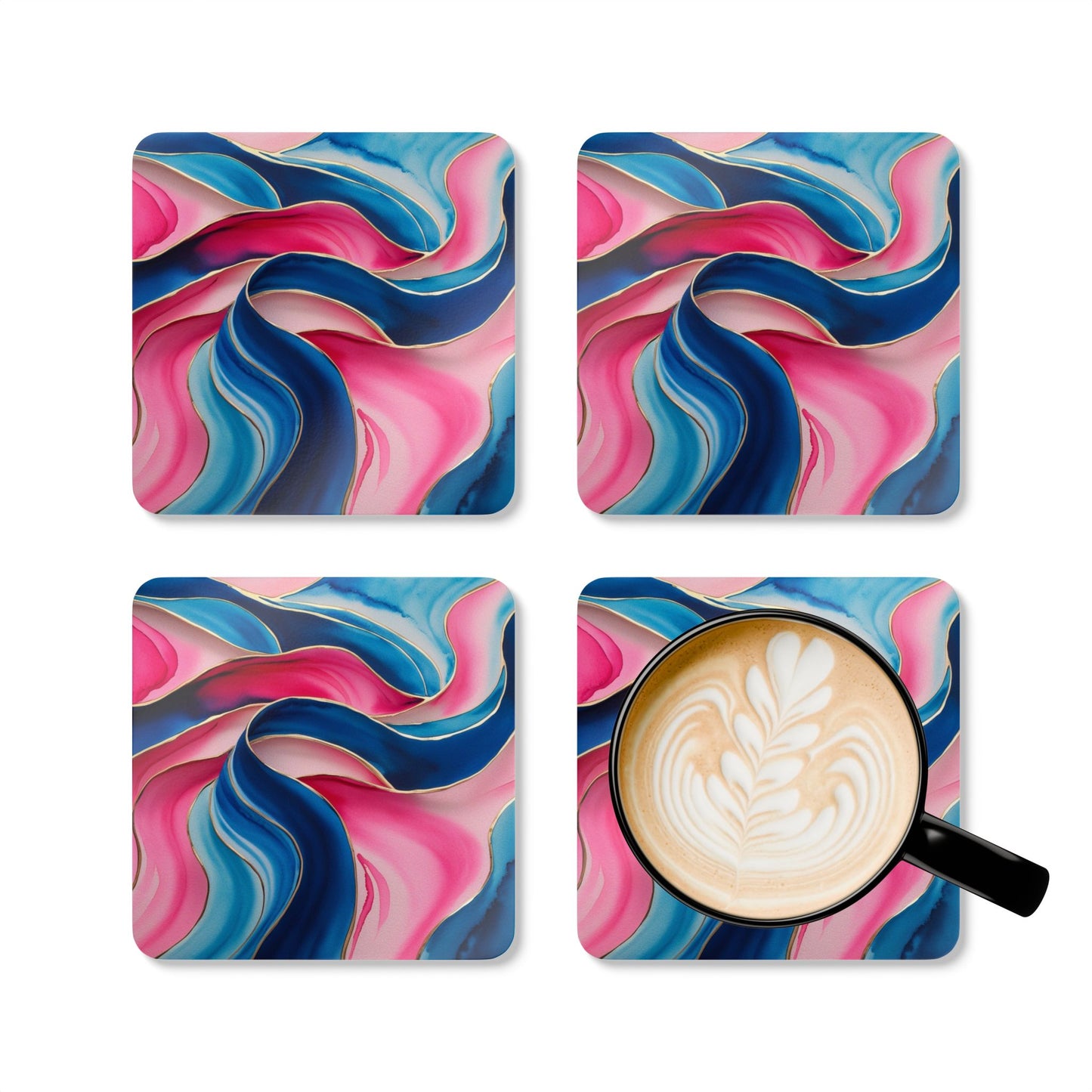 Blue and Pink Watercolour Wavey Patterns - Corkwood Coaster Set