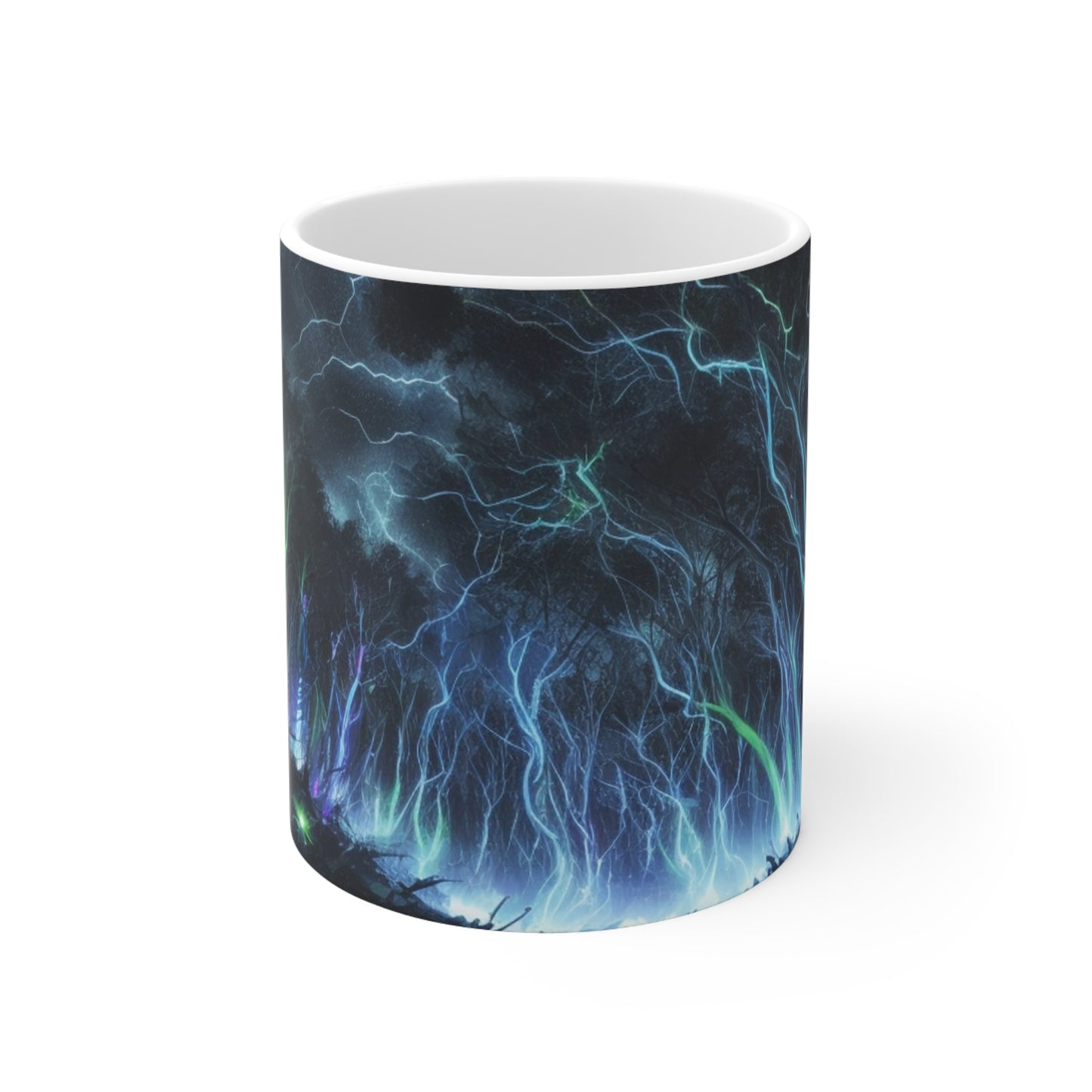 Blue And Green Lightning In Forest At Night Mug - Ceramic Coffee Mug 11oz