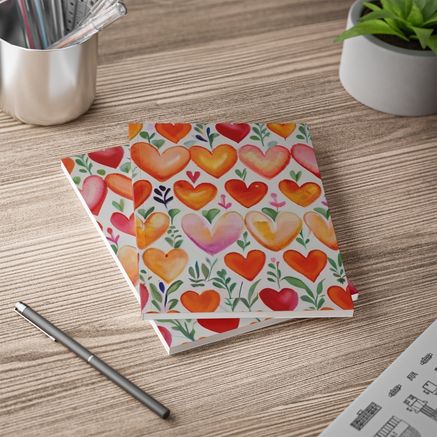 Watercolour Orange And Pink Hearts - Softcover Notebook, A5