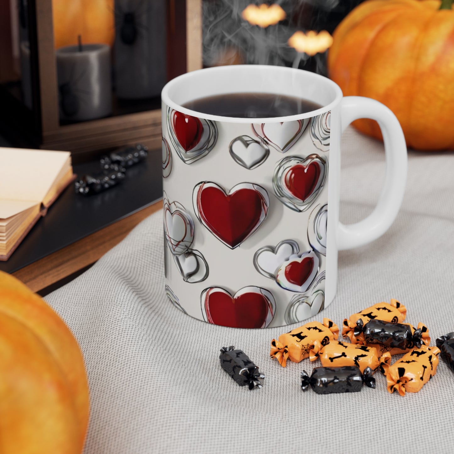 Red And White Love Hearts Mug - Ceramic Coffee Mug 11oz