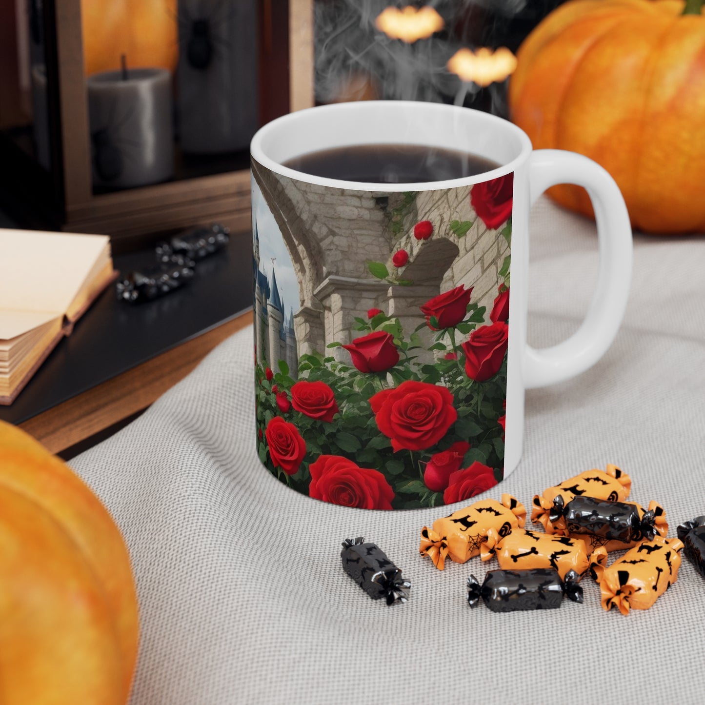 Red Roses Around Castle Mug - Ceramic Coffee Mug 11oz