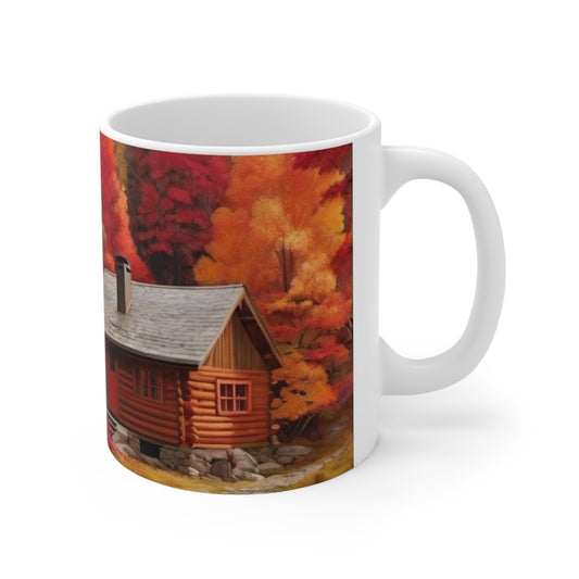 Cabin In An Autumn Forest Mug - Ceramic Coffee Mug 11oz