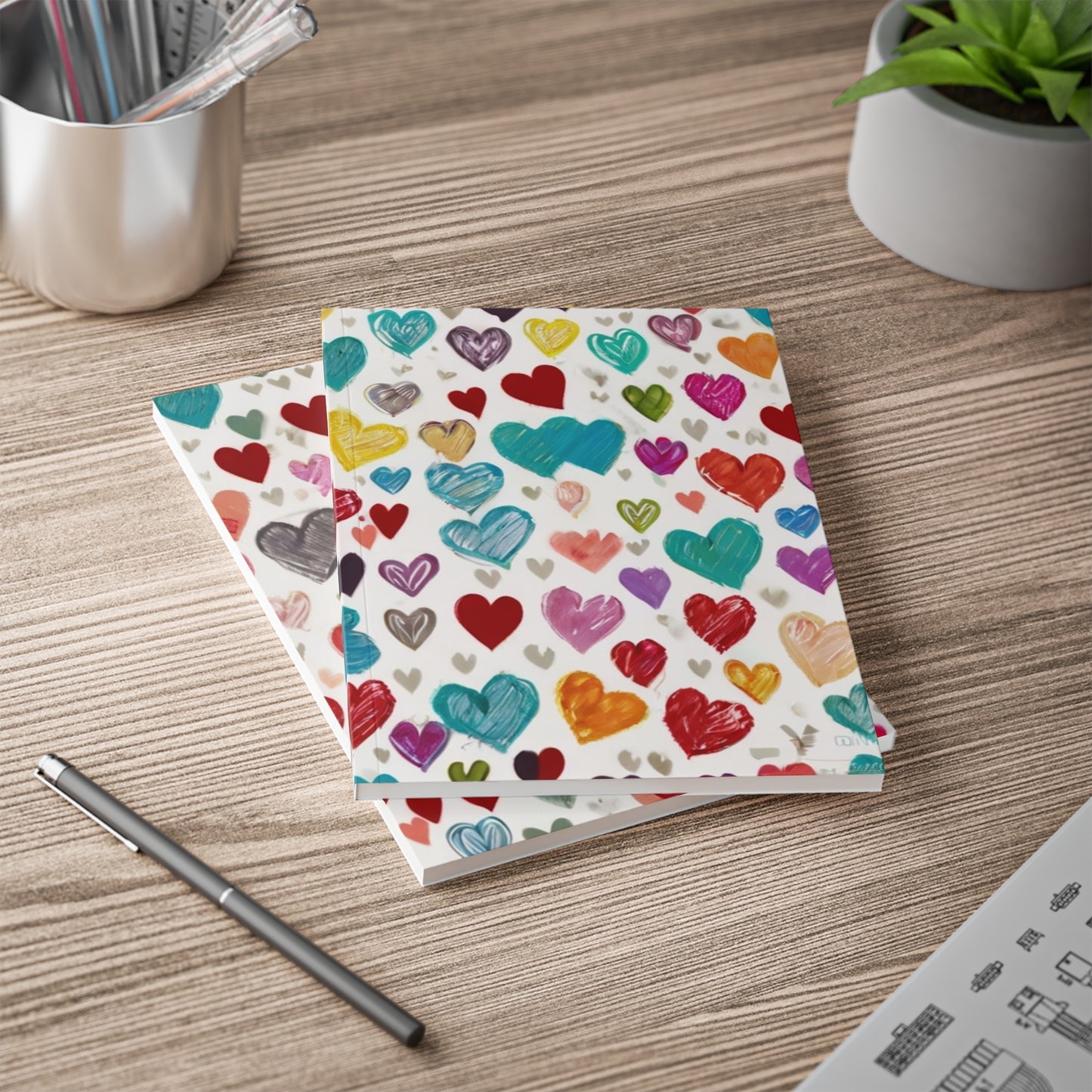 Colourful Sketched Small Love Hearts - Softcover Notebook, A5