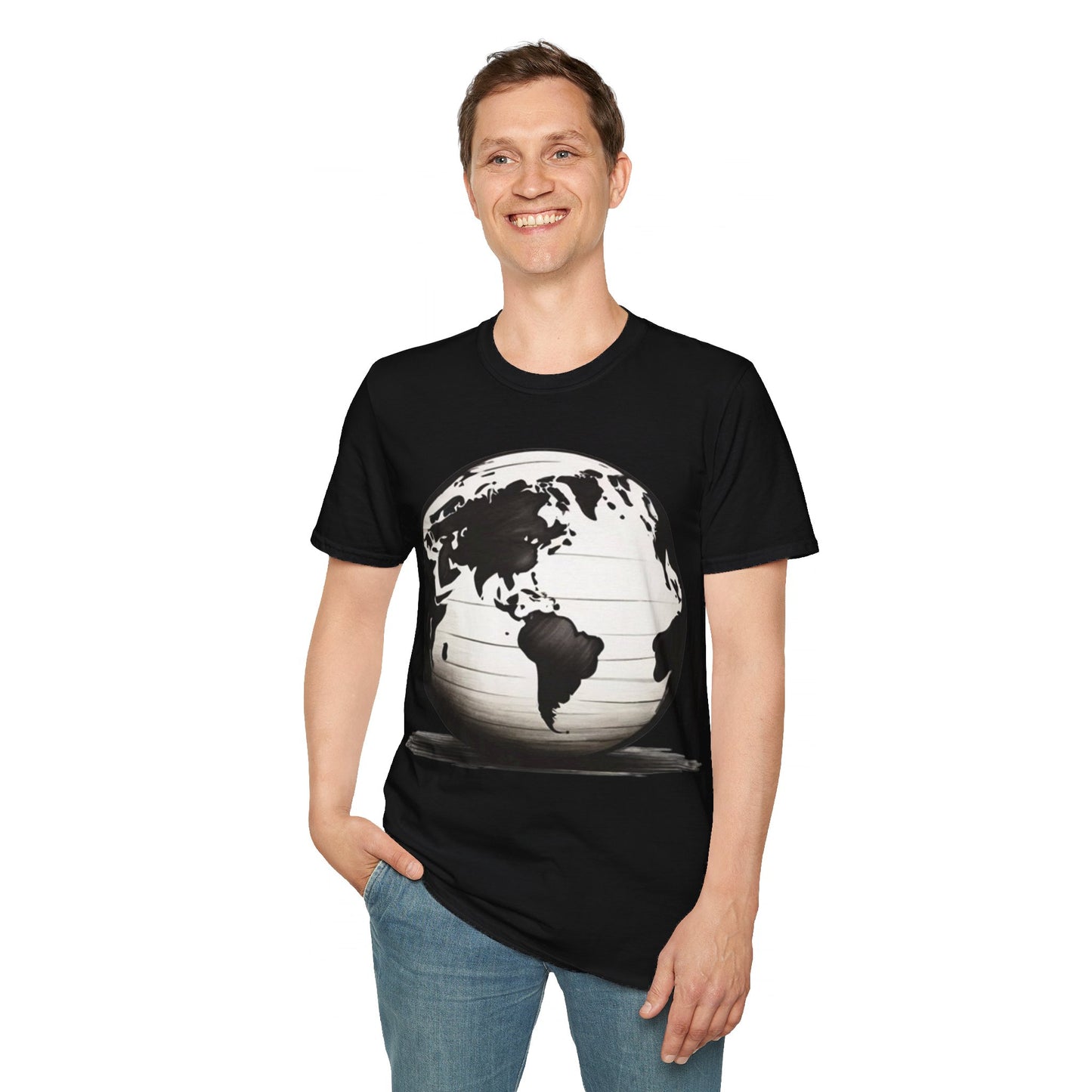 Black and White Earth Sphere Sketch - Unisex T-Shirt