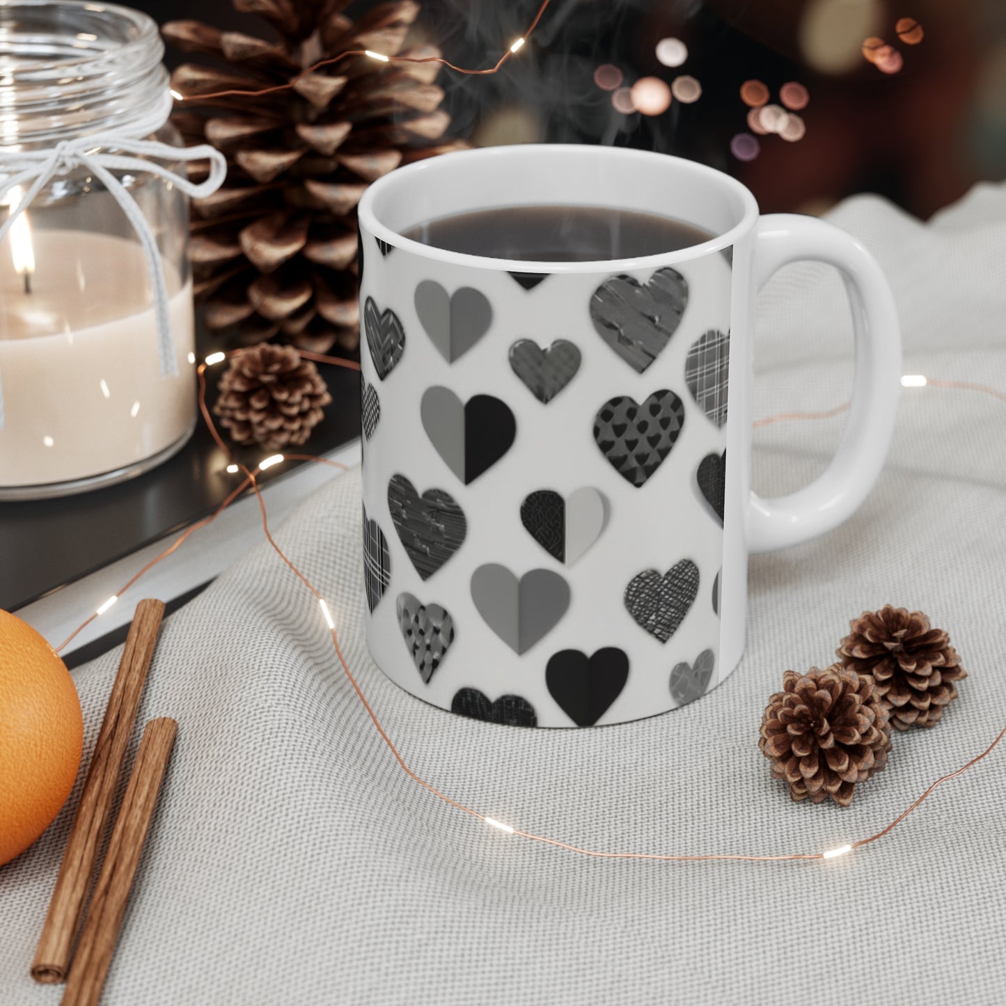 Greyscale Small Love Hearts Mug - Ceramic Coffee Mug 11oz