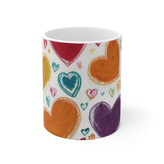 Sketched Colourful Large Love Hearts Mug - Ceramic Coffee Mug 11oz