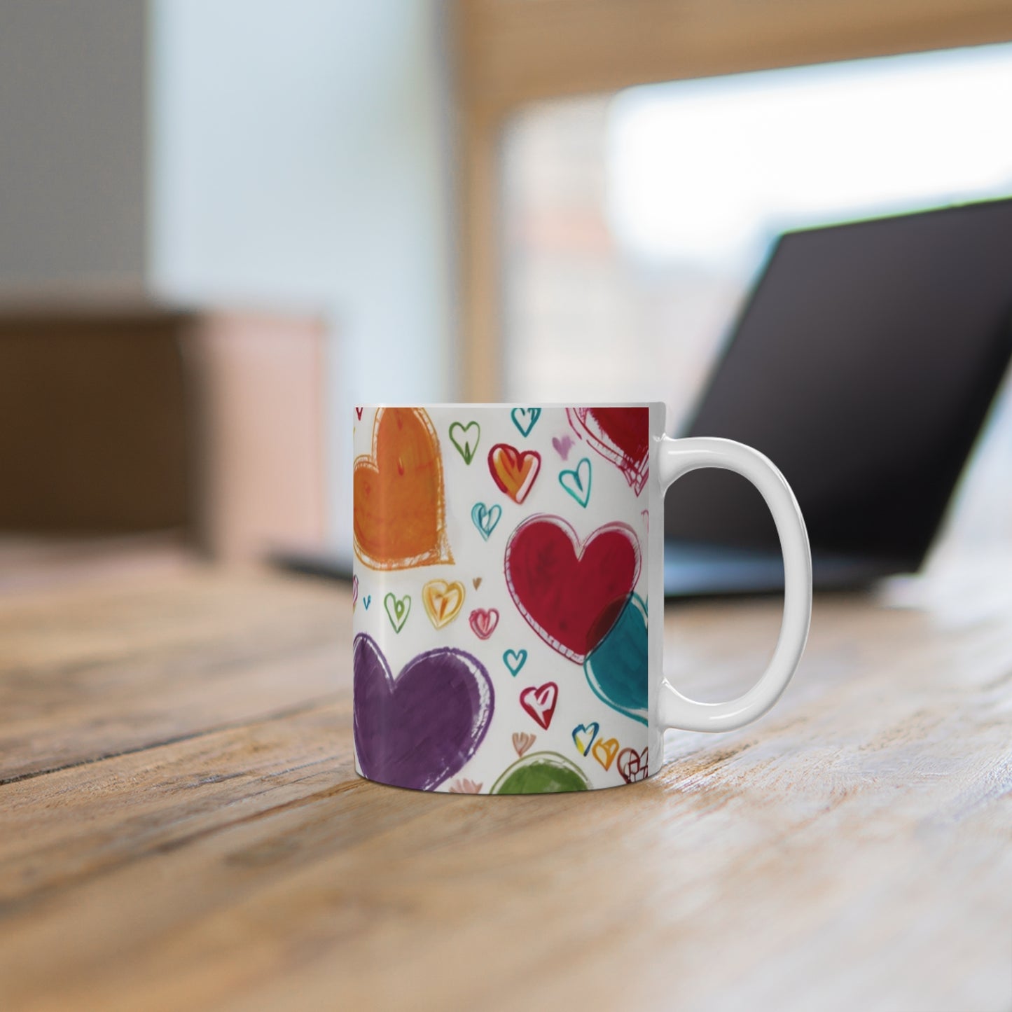 Sketched Colourful Large Love Hearts Mug - Ceramic Coffee Mug 11oz