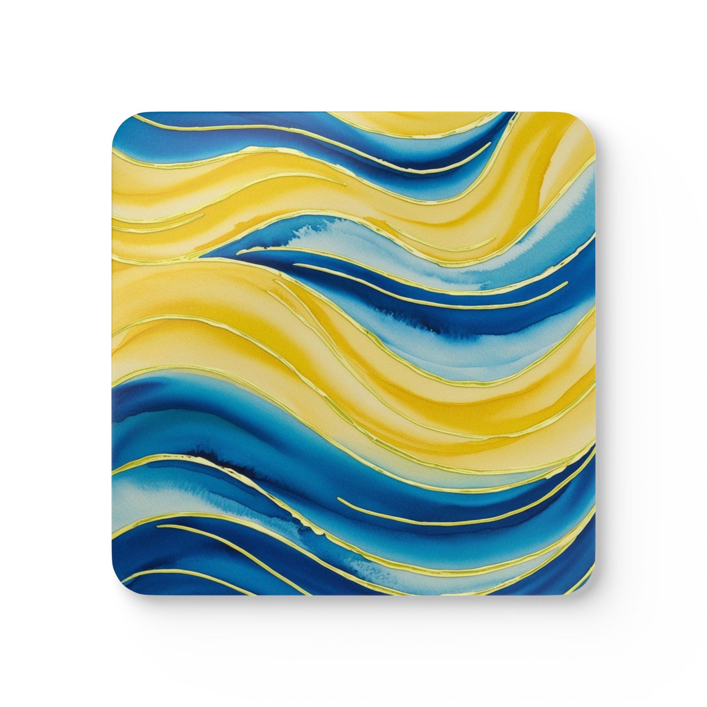 Blue and Yellow Watercolour Wavey Patterns - Corkwood Coaster Set