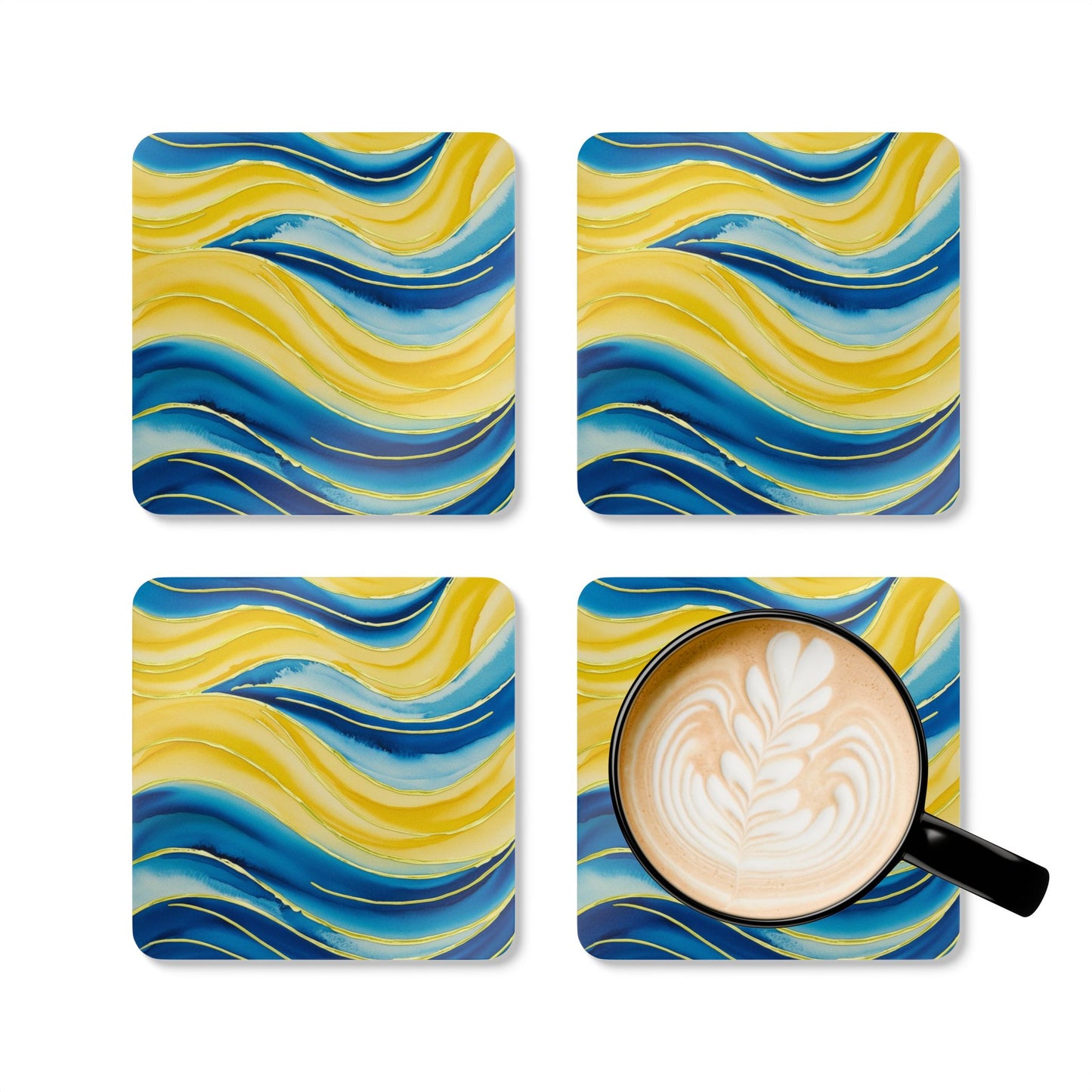 Blue and Yellow Watercolour Wavey Patterns - Corkwood Coaster Set