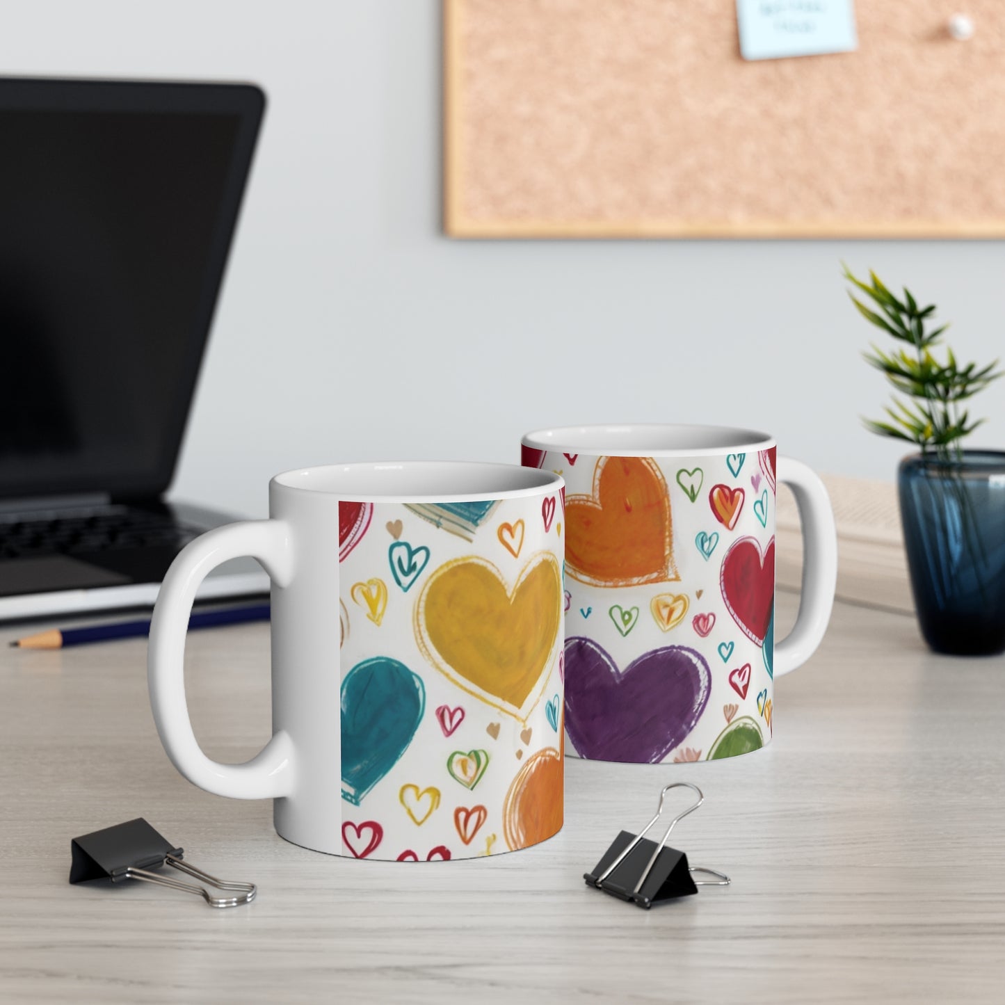 Sketched Colourful Large Love Hearts Mug - Ceramic Coffee Mug 11oz