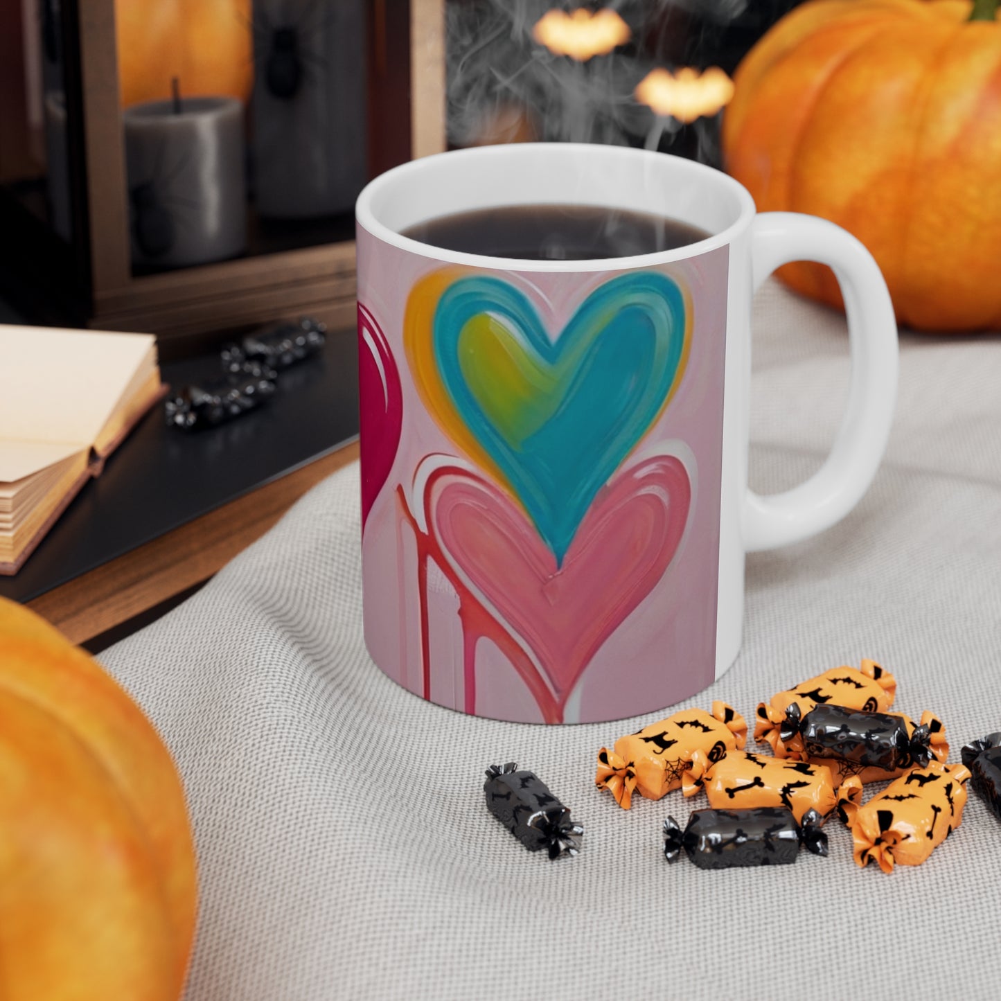 Multicoloured Love Hearts Mug - Ceramic Coffee Mug 11oz