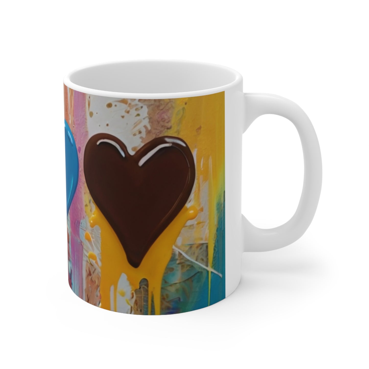 Messy Painting Red, Blue and Brown Love Hearts Mug - Ceramic Coffee Mug 11oz