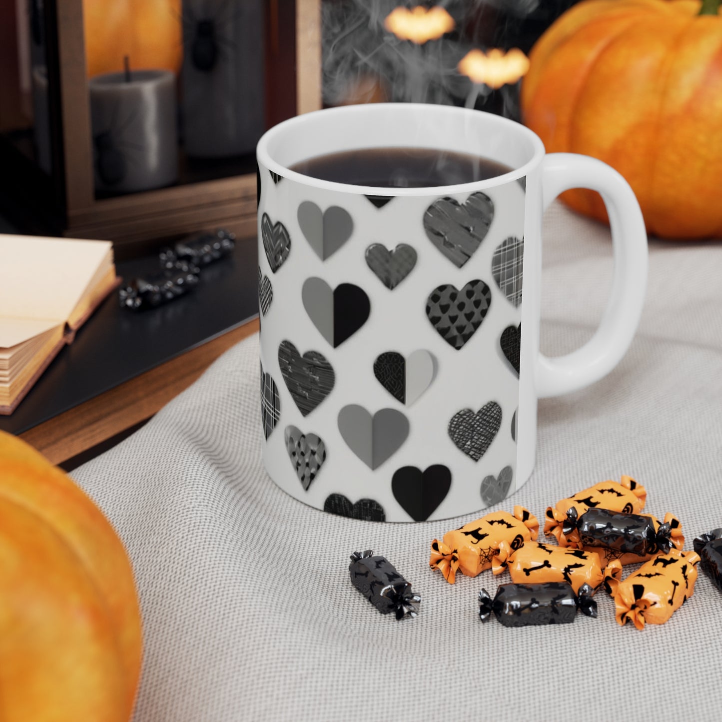 Greyscale Small Love Hearts Mug - Ceramic Coffee Mug 11oz