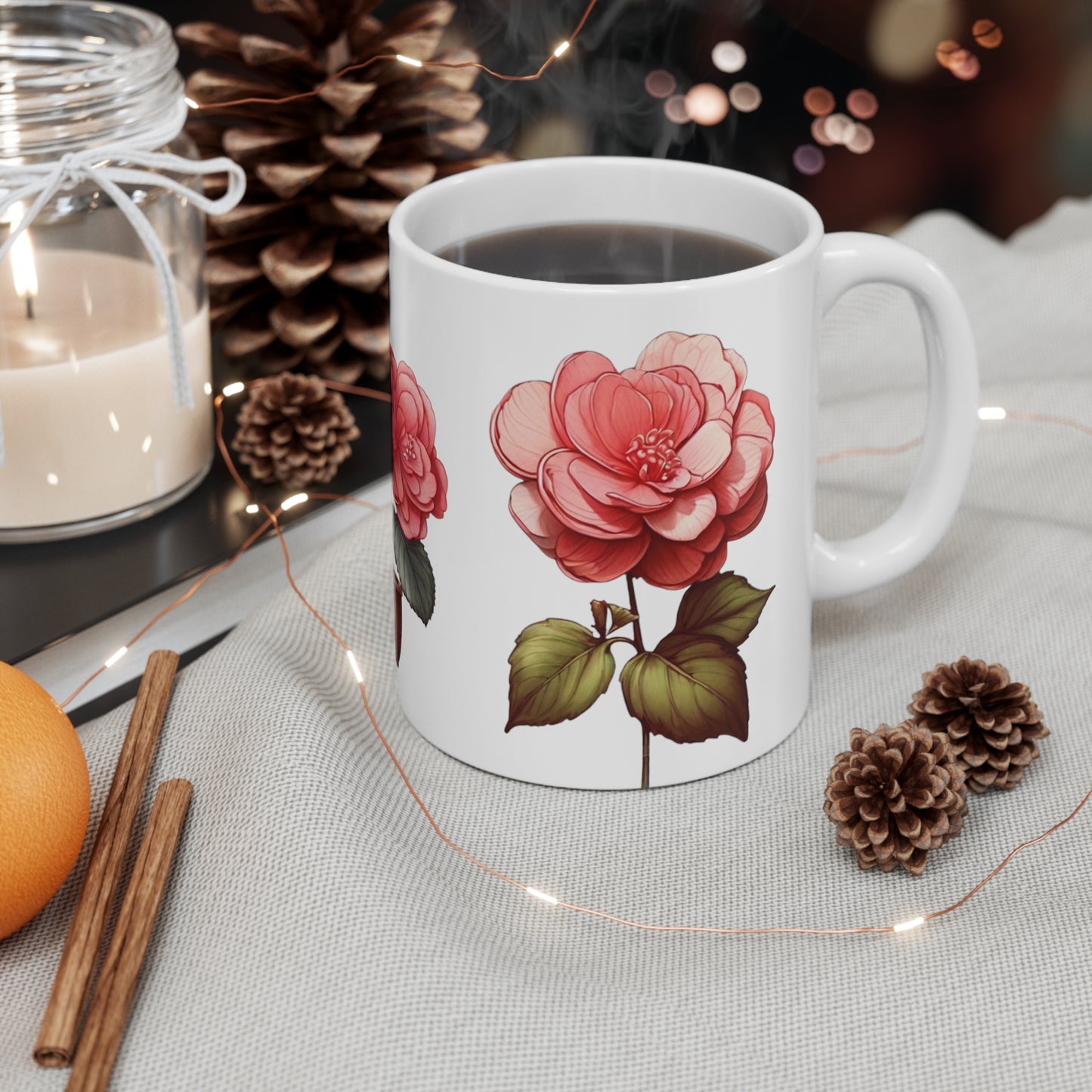 Pink Begonia Flowers Mug - Ceramic Coffee Mug 11oz