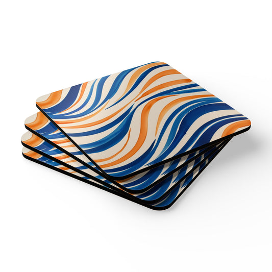 Blue and Orange Watercolour Wavey Patterns - Corkwood Coaster Set