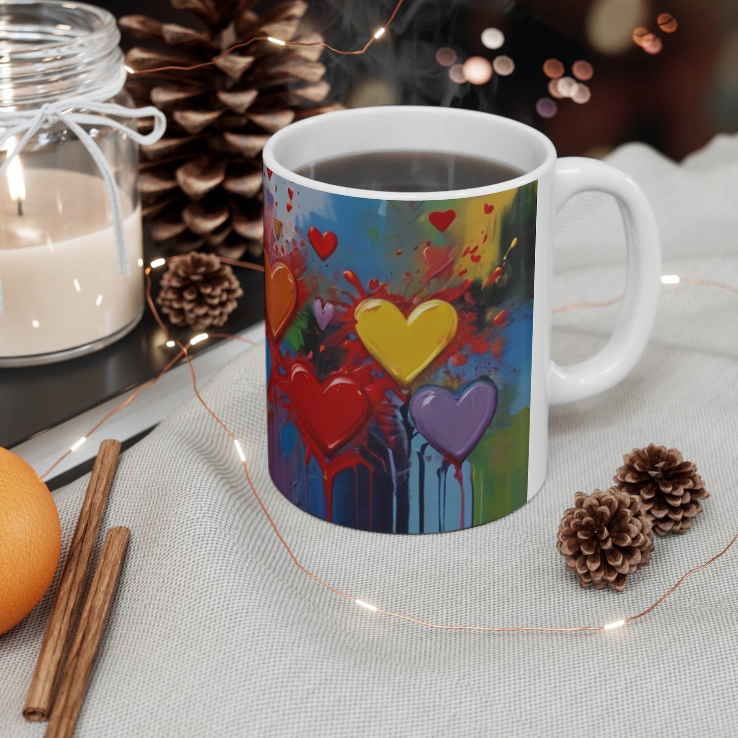 Messy Painted Multicoloured Love Hearts Mug - Ceramic Coffee Mug 11oz
